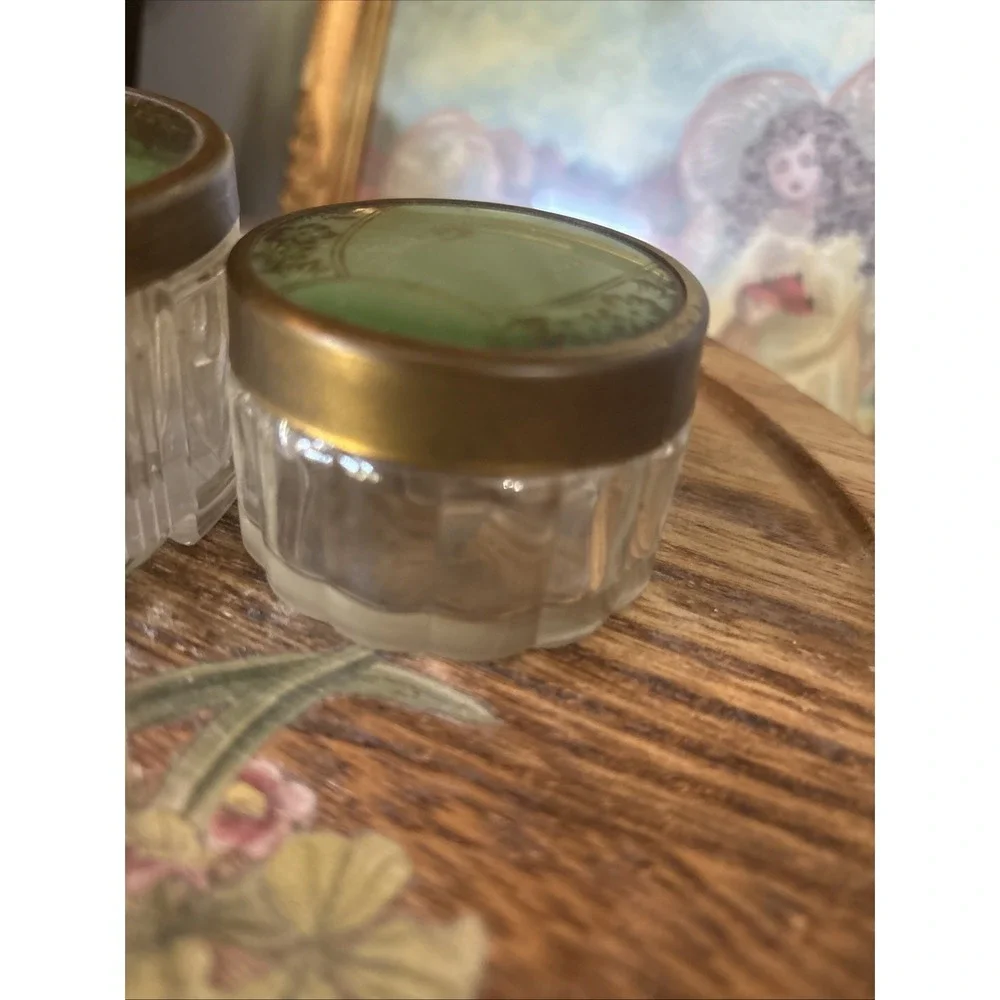 Vtg 2pc Art Deco Glass Vanity Jar Set w/ Floral Celluloid Lids 1940s/50s